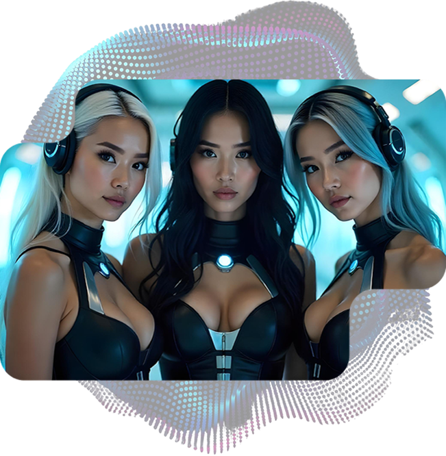 Three futuristic women with headphones in sci-fi
                                                                outfits standing together