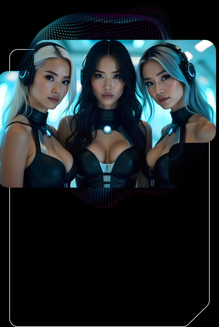 Three futuristic women with headphones in sci-fi
                                                                outfits standing together